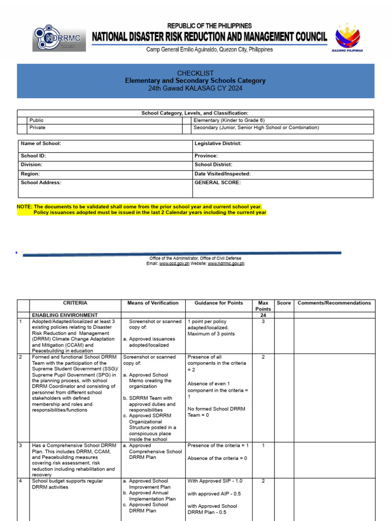 Schools Checklist Cy 2024 - Ao051024 | PDF | Emergency Management ...