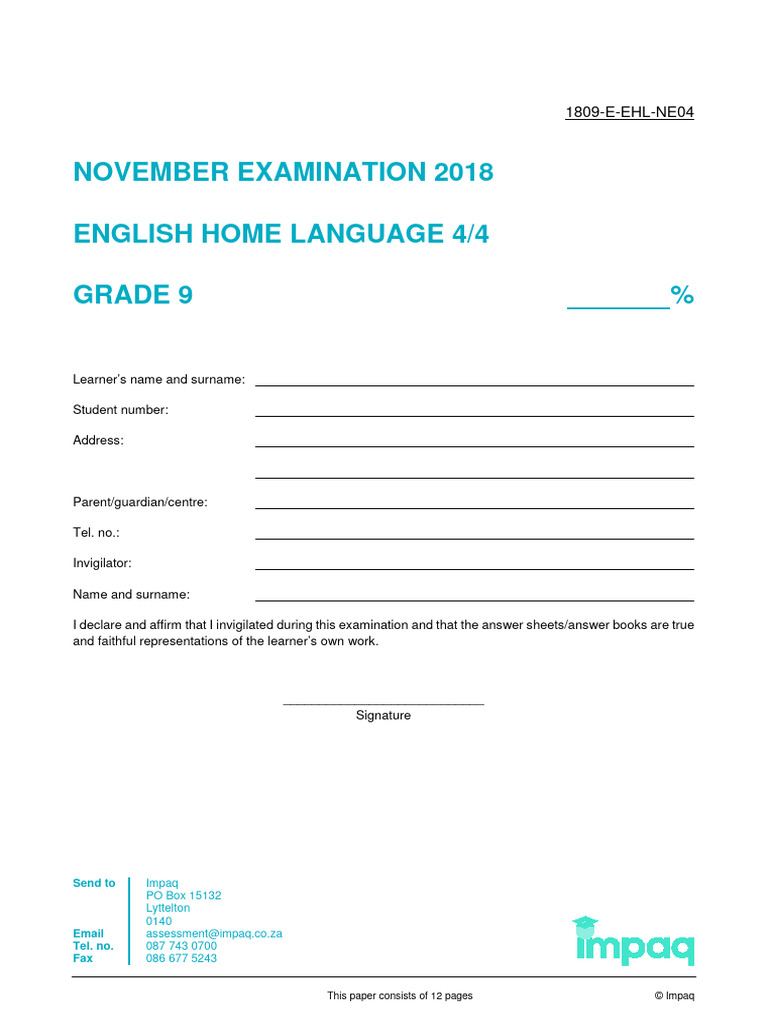 Grade 9 English Home Language Exam | PDF | Poetry