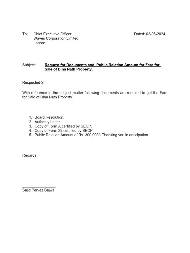 Request for Fard Documents for Property Sale | PDF