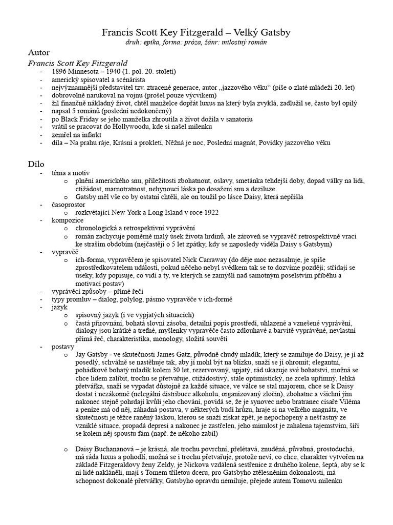 Francis Scott Fitzgerald - Velký Gatsby | PDF