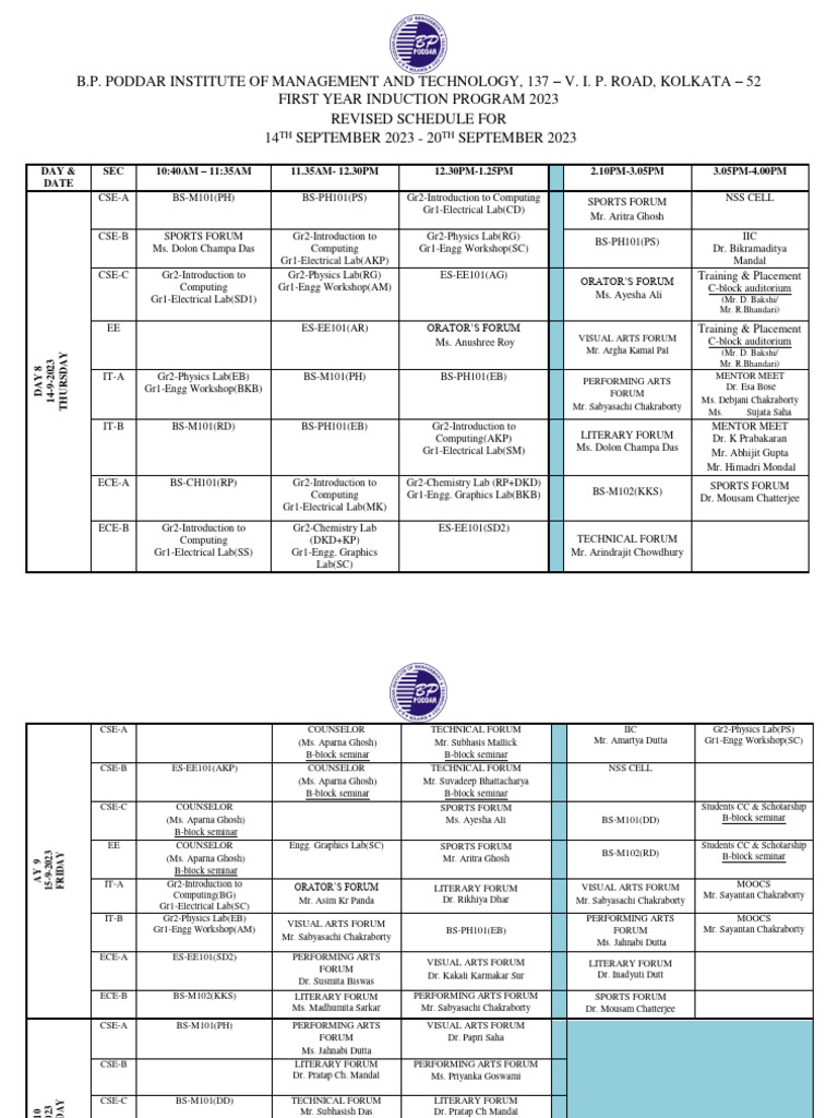 Revised Last Two Days Induction - Program - 2023 - 13-09-23 | PDF
