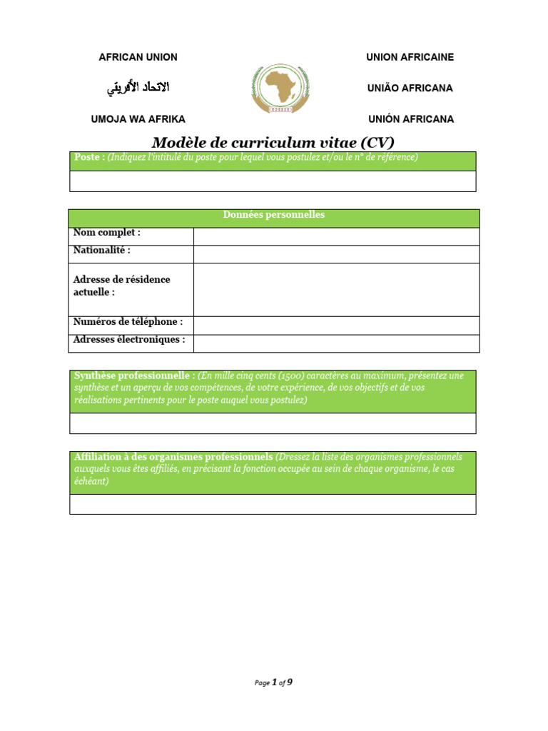 Modèle de CV pour l'Union Africaine | PDF