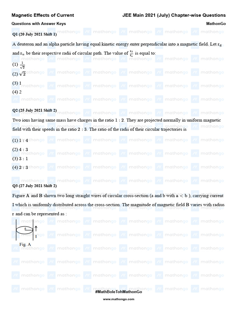 Magnetic effects of current jee main 2021 july chapter wise