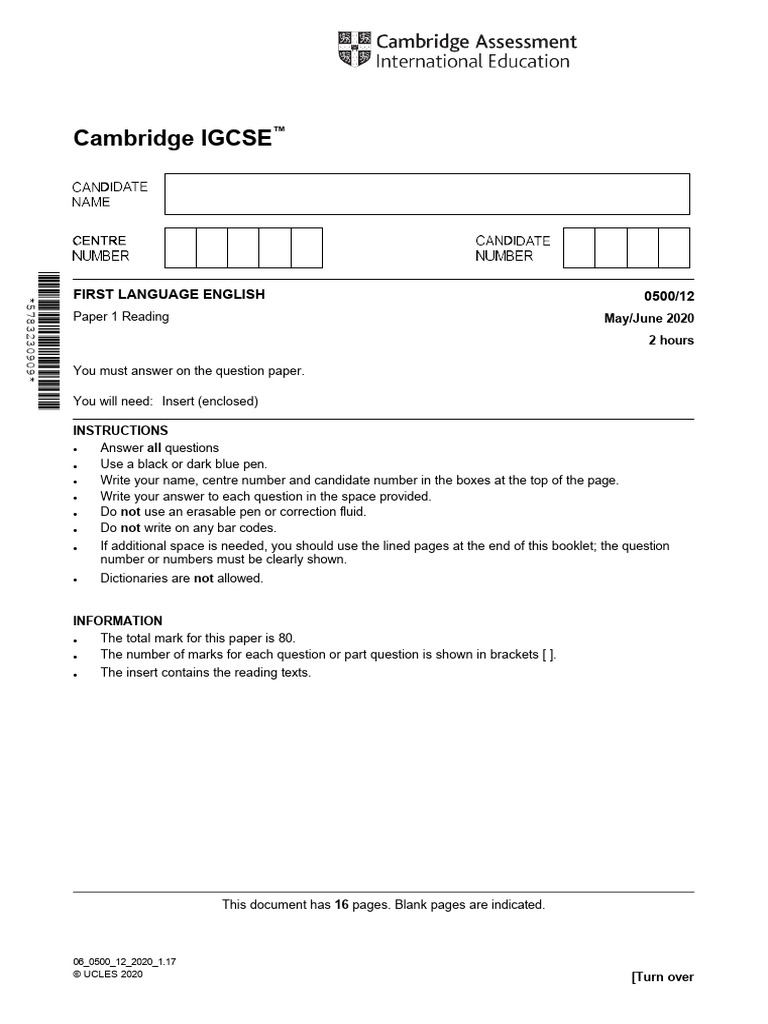 Cambridge IGCSE: First Language English 0500/12 | PDF | Books | Human ...