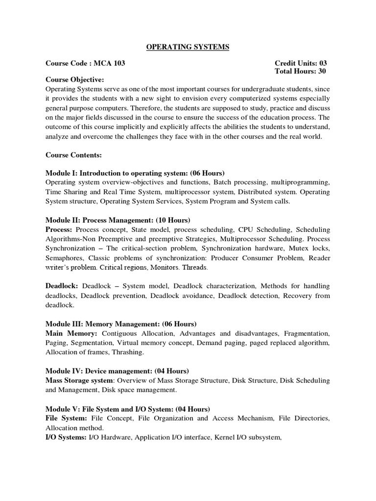Operating Systems Course Syllabus | PDF | Process (Computing ...