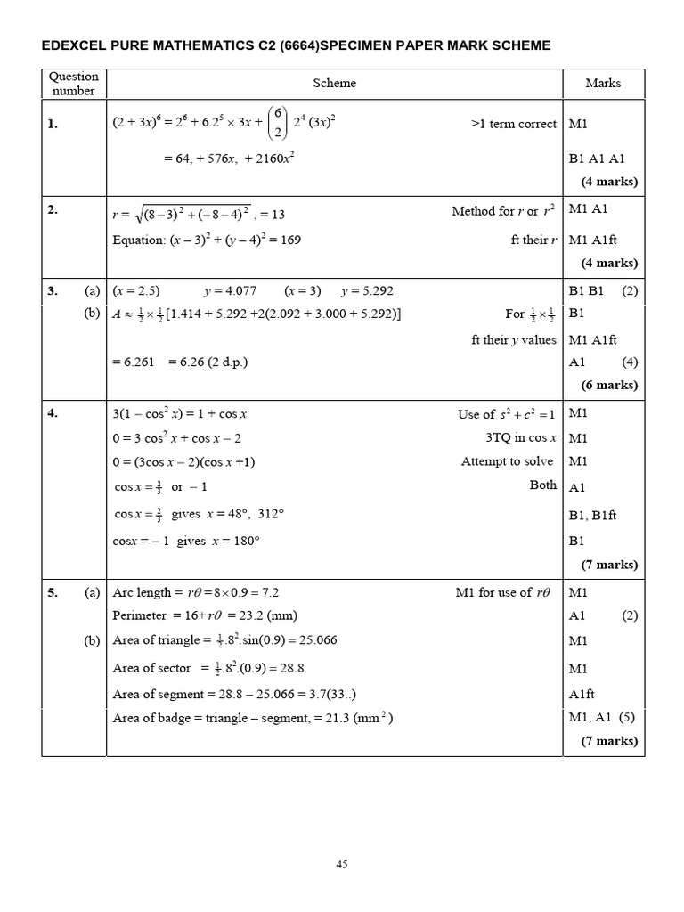Edexcel C2 Pure Mathematics Mark Scheme | PDF | Mathematics ...