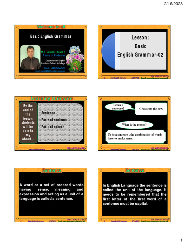 Basic English Grammar Class 2 | PDF | Subject (Grammar) | Verb