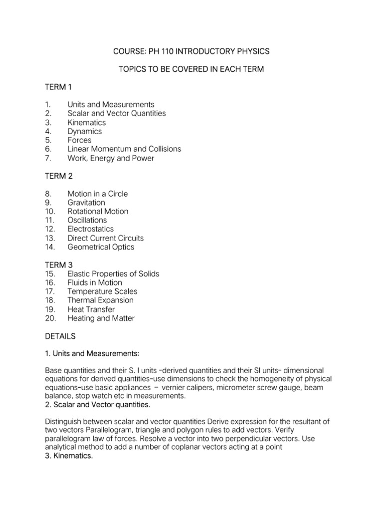 Introductory Physics Course Outline | PDF