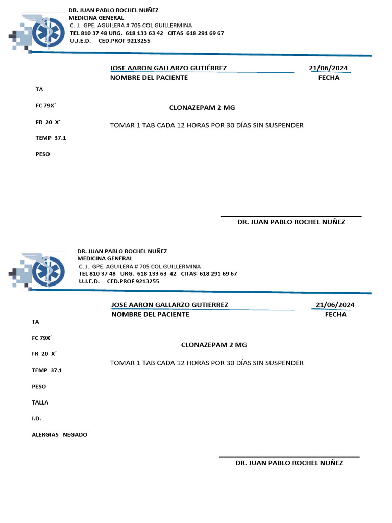 Receta de Clonazepam 2 mg - Dr. Juan Pablo Rochelle | PDF