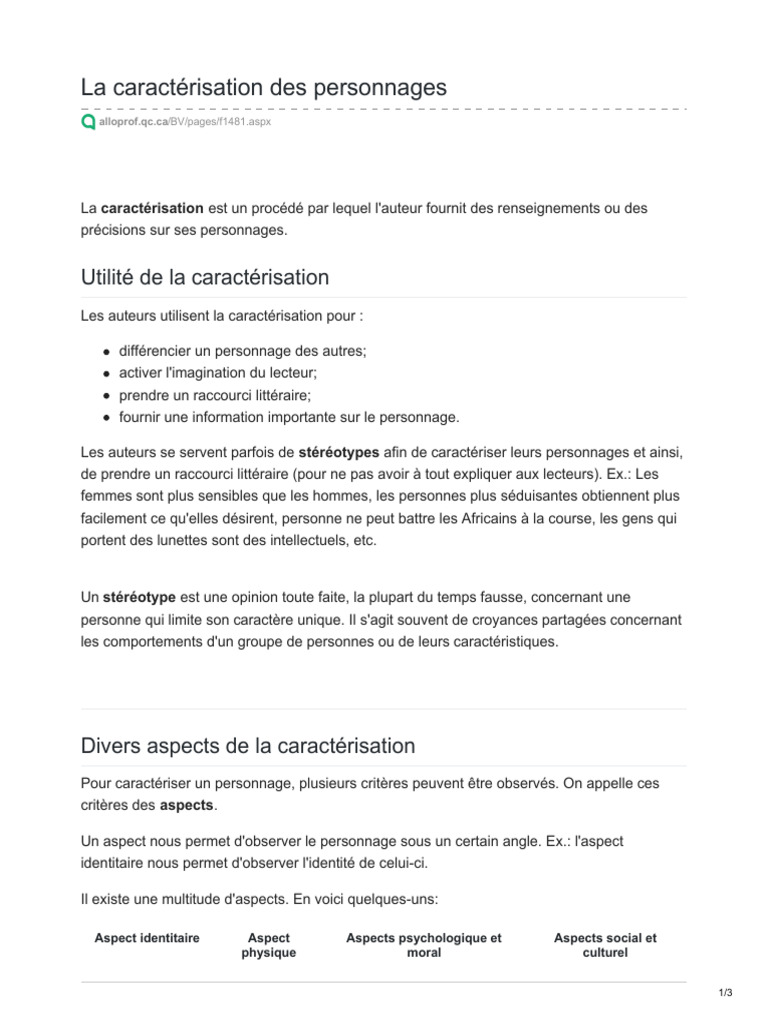 Caractérisation des personnages littéraires | PDF | Identité (Science ...