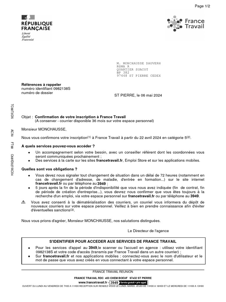 Confirmation d'inscription à France Travail | PDF