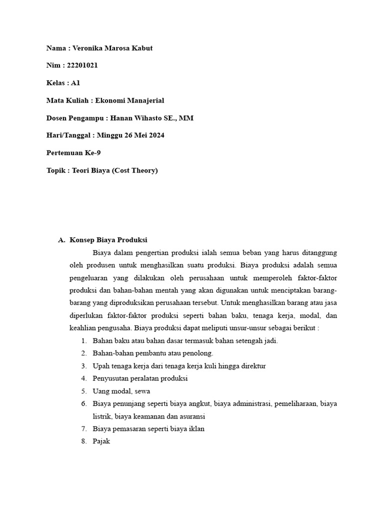 Ekonomi Manajerial Veronika A1 Pertemuan Ke 9 | PDF