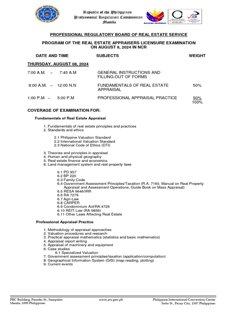 PRC Real Estate Exam Appraiser Exam Coverage 2024 PDF Real Estate