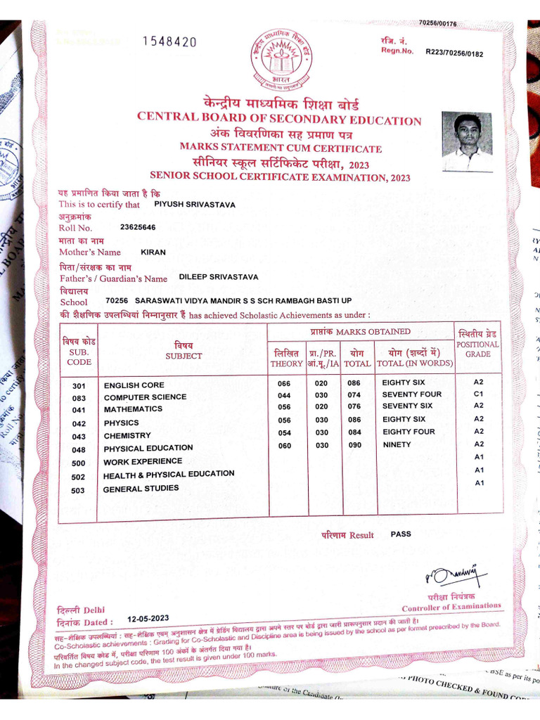12 TH Mark Sheet | PDF