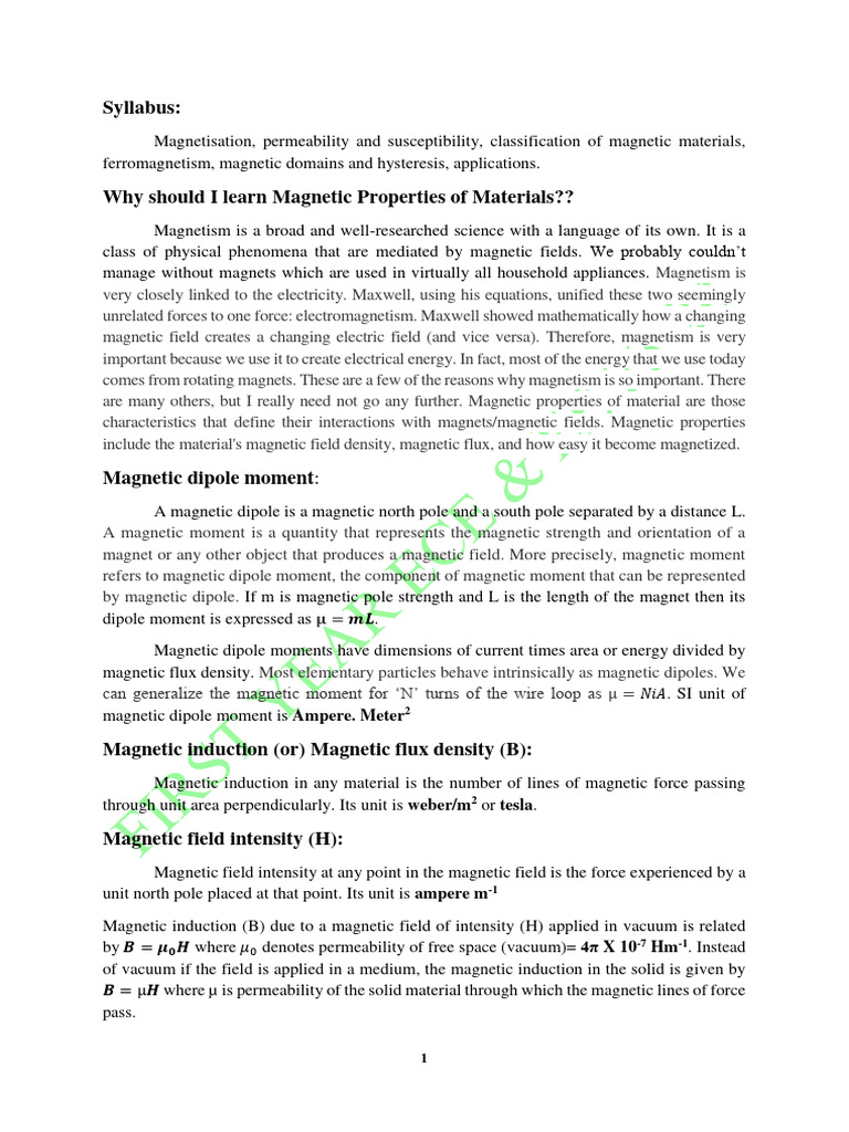 Magnetic Properties of Materials 1ST Year Ece & Ee - 240607 - 001441 ...