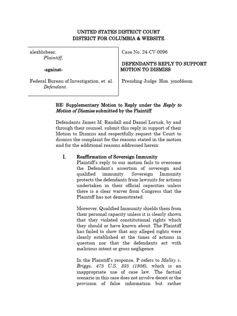 Reply to Motion to Dismiss Case 24-CV-0096 | PDF | Qualified Immunity ...