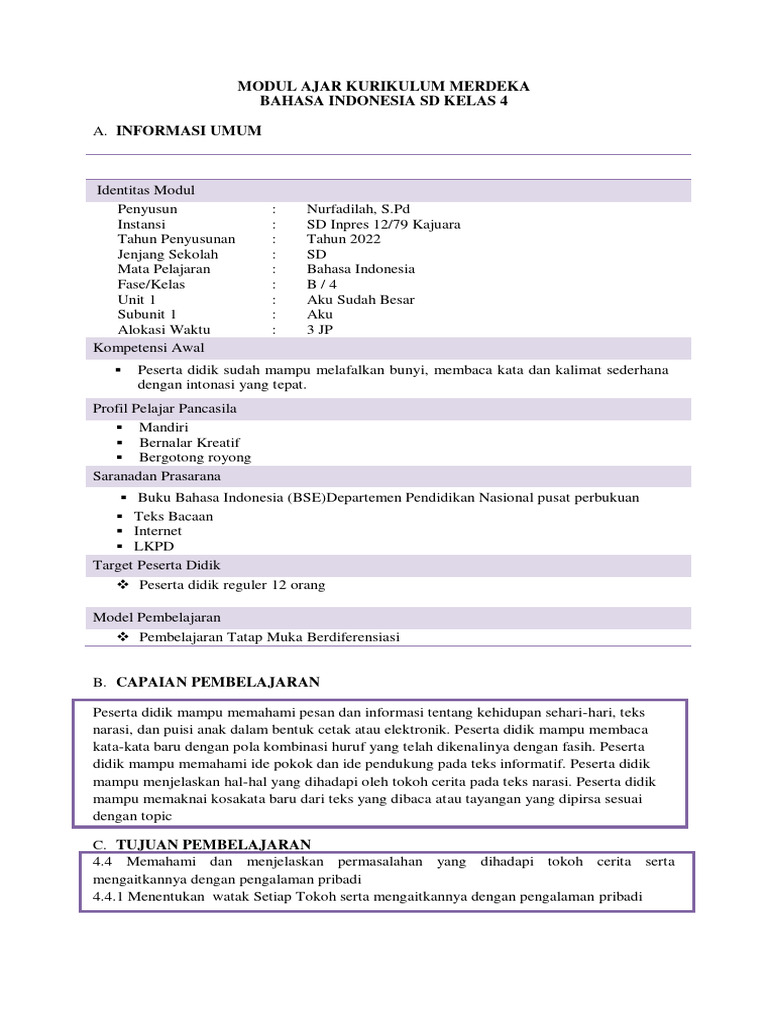 Modul Ajar Kurikulum Merdeka Bahasa Indonesia SD Kelas 4 | PDF | Seni ...