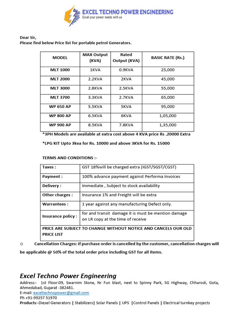 Portable Petrol Generators Price List | PDF | Electric Power