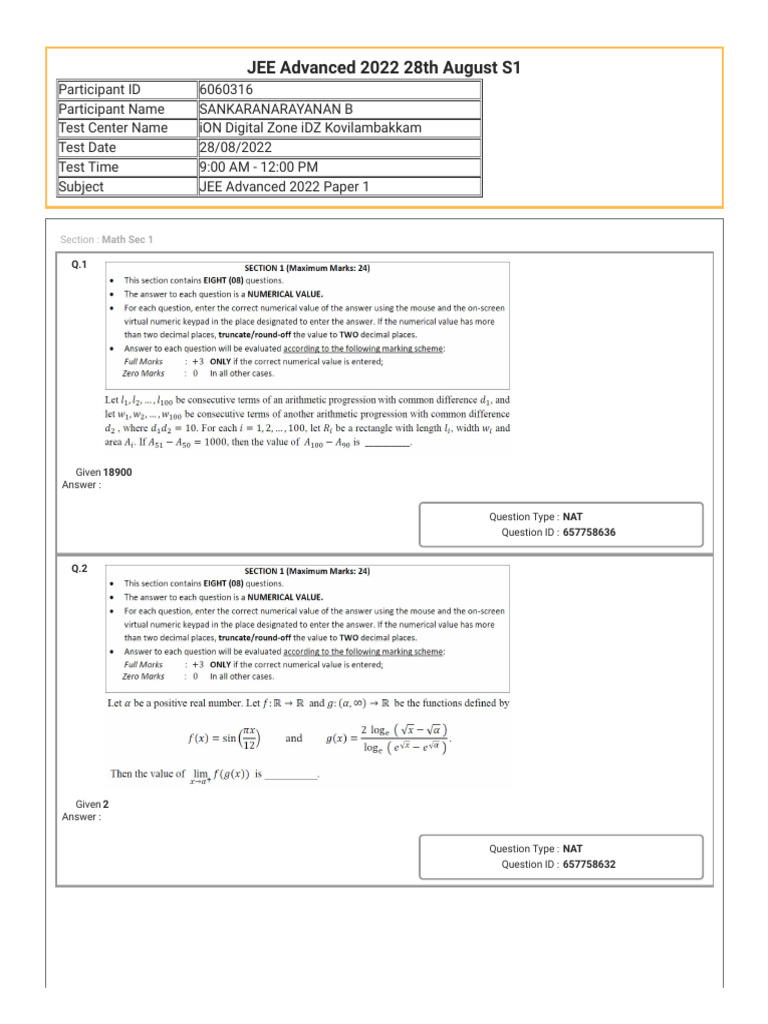 Jee Adv 2022 Paper 1 Response | PDF | Academic Administration ...