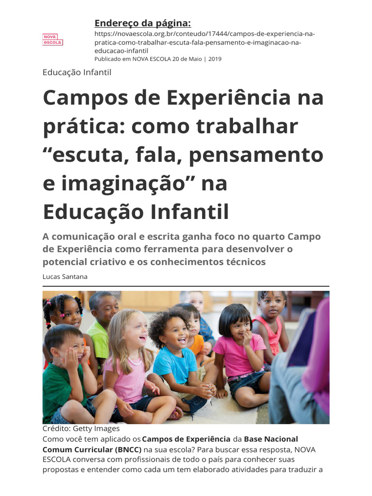 Campos de Experiencia Na Pratica Como Trabalhar Escuta Fala Pensamento ...