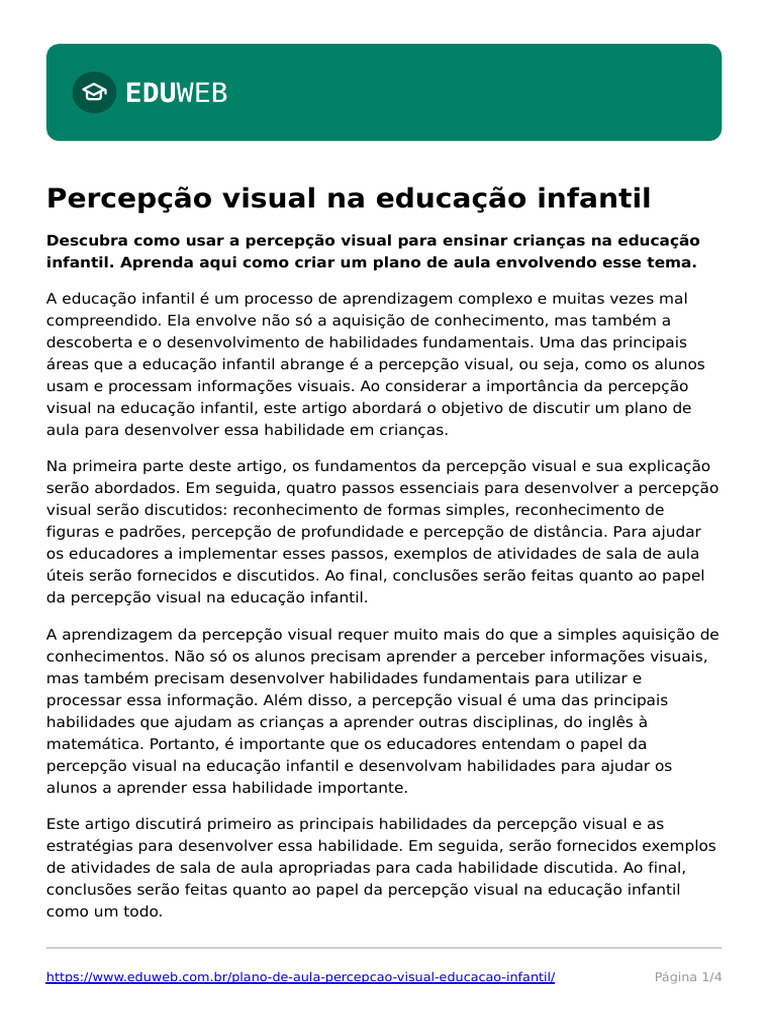 Plano de Aula: Percepção Visual Infantil | PDF | Aprendizado | Pré-escola