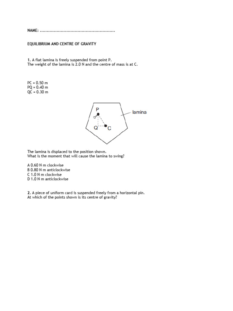 Equilibrium and Center of Gravity Concepts | PDF | Force | Center Of Mass