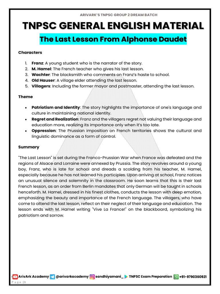 The Last Lesson From Alphonse Daudet Pdf Classroom Franco