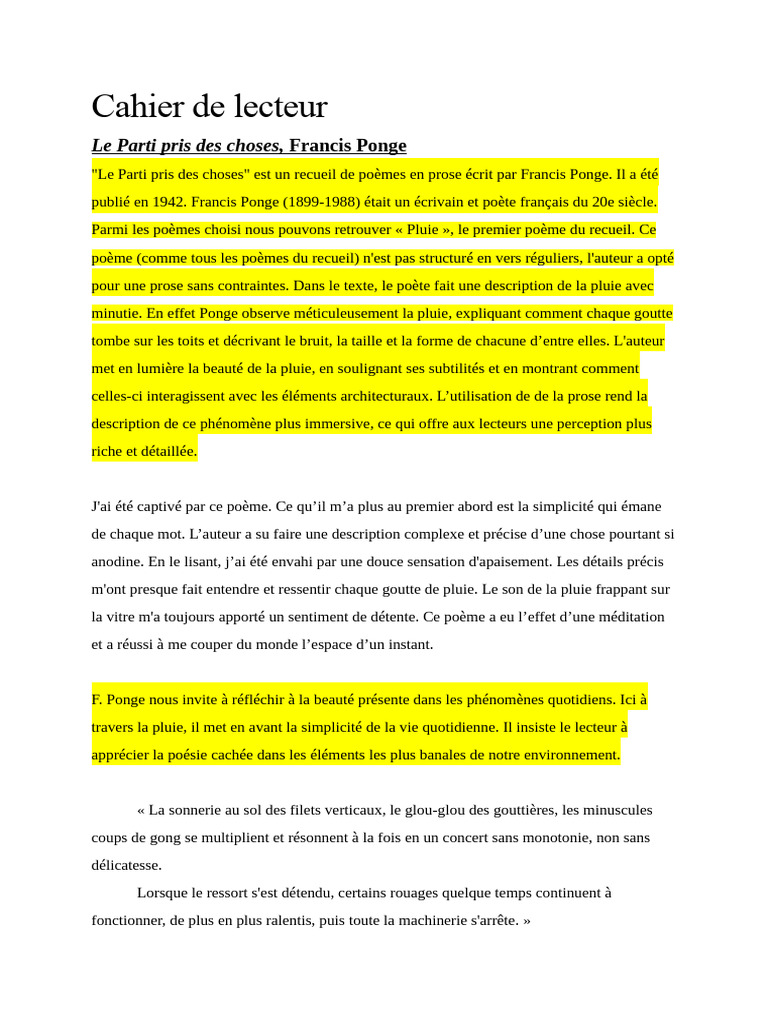 Cahier de Lecteur Ponge | PDF | Poésie | Pluie