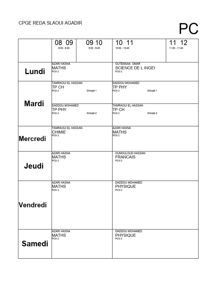 Emploi du temps CPGE PCSI 2 Agadir PDF — free download