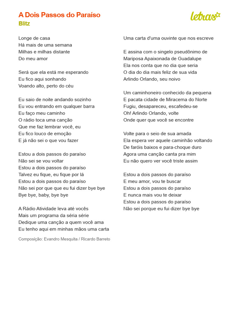 A DOIS PASSOS DO PARAÍSO - Blitz (Impressão) | PDF