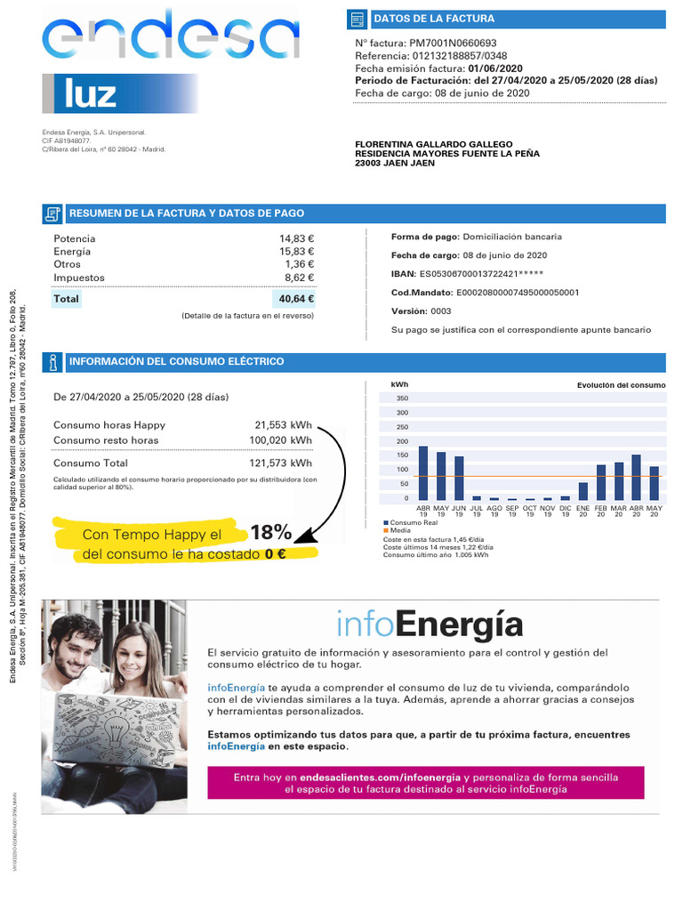 Factura de Electricidad Endesa: Junio 2020 | PDF | Electricidad ...