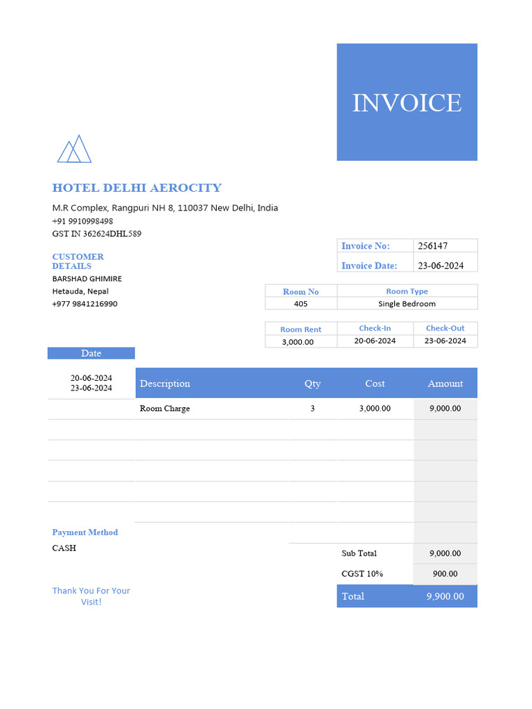 Hotel Stay Invoice Template | PDF