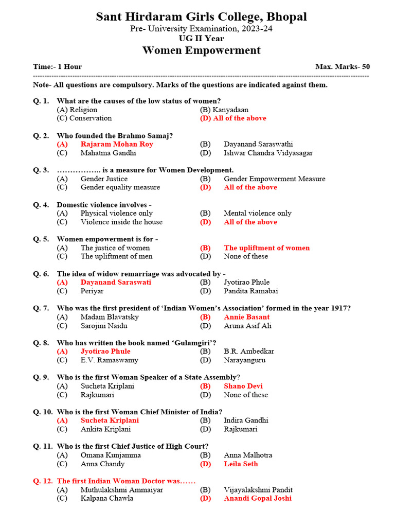 Women Empowerment MCQ Exam 2023-24 | PDF