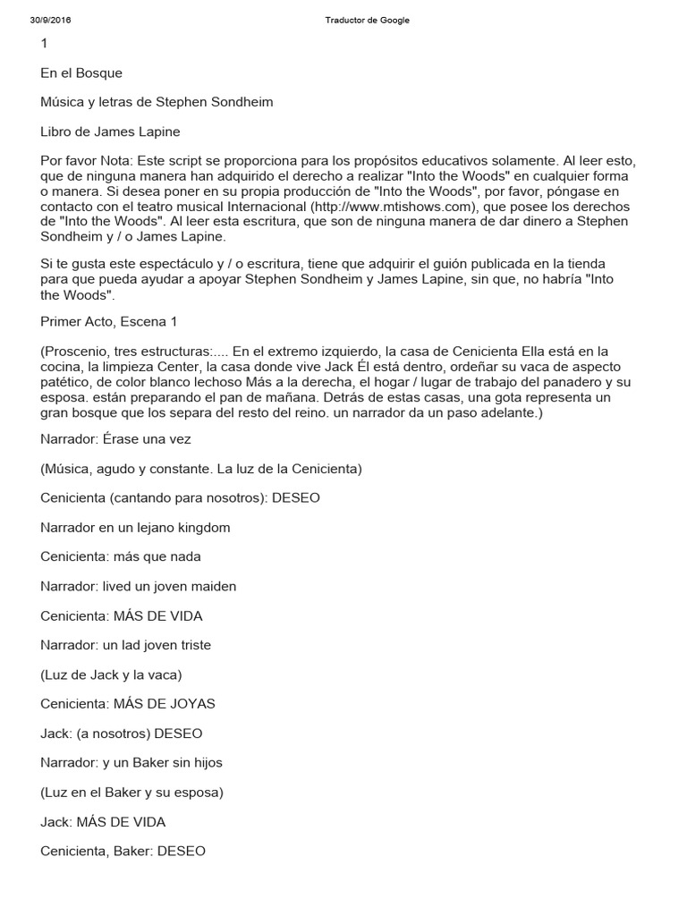Into The Woods Español | Descargar gratis PDF | Caperucita Roja | Rapunzel