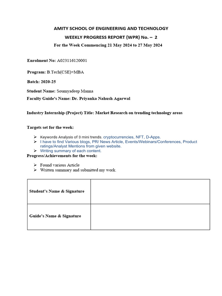 Weekly Progress: Tech Market Research | PDF