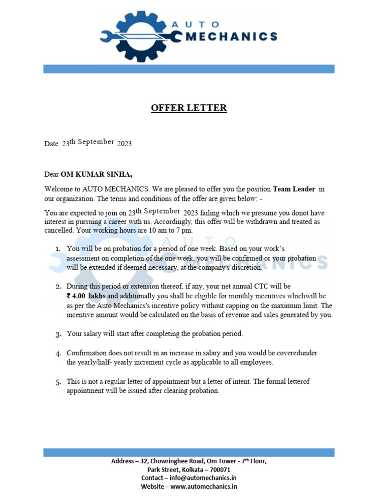 Auto Mechanics Job Offer Letter | PDF | Salary | Employment