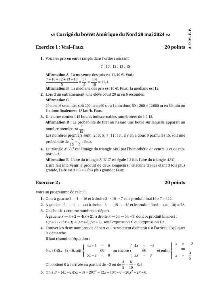 Corrigé Brevet Maths 2024 | PDF