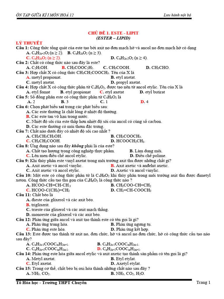 DE CUONG HOA 12 GIUA KI I Co Dap An | PDF