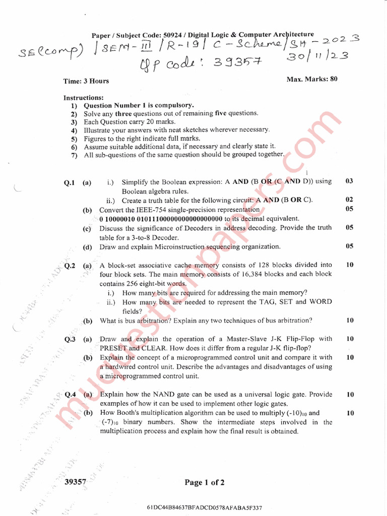 Be Computer Engineering Semester 3 2023 December Digital Logic Computer ...