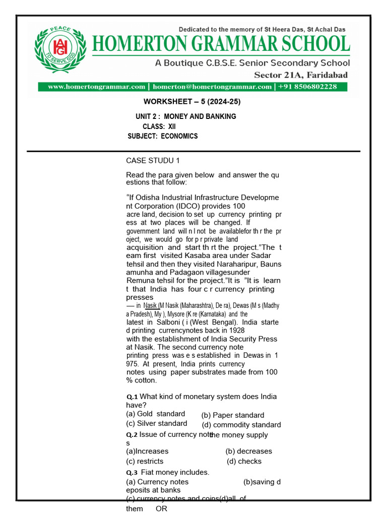 Money and Banking Worksheet for Class XII | PDF | Money Supply | Money