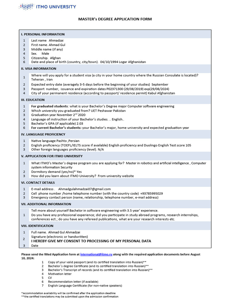 ITMO Master's Degree Application Form 2024 | PDF | Afghanistan | Travel ...