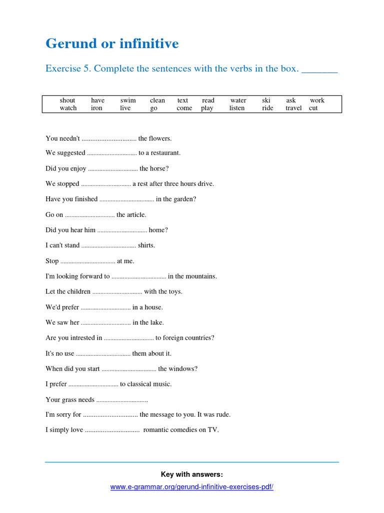 Gerund Infinitive Exercise 5 | PDF | Home & Garden