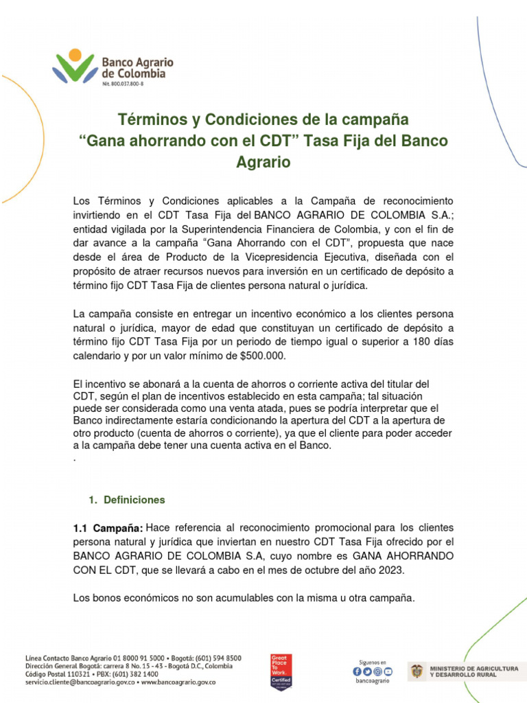 Terminos y Condiciones Campana CDT Tasa Fija 0 | PDF | Bancos | Colombia