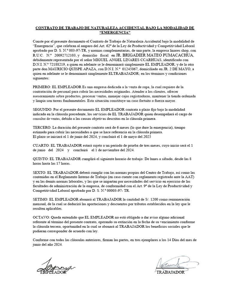Contrato de Trabajo por Emergencia 2024 | PDF | Derecho laboral | Economias