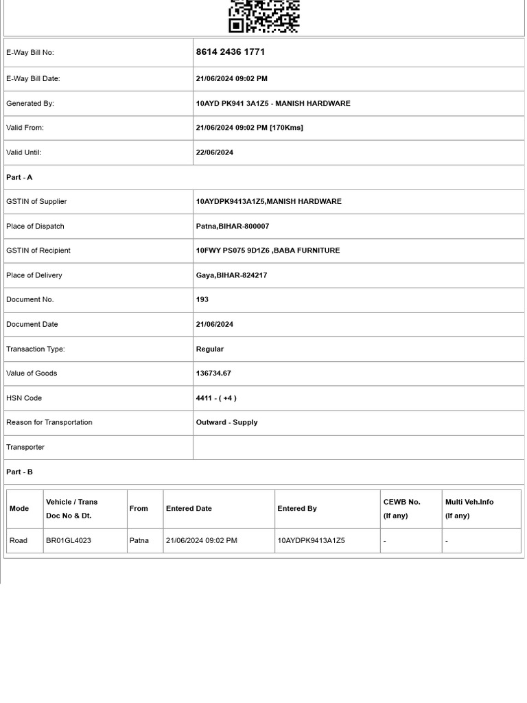 E-Way Bill for Manish Hardware to Baba Furniture | PDF