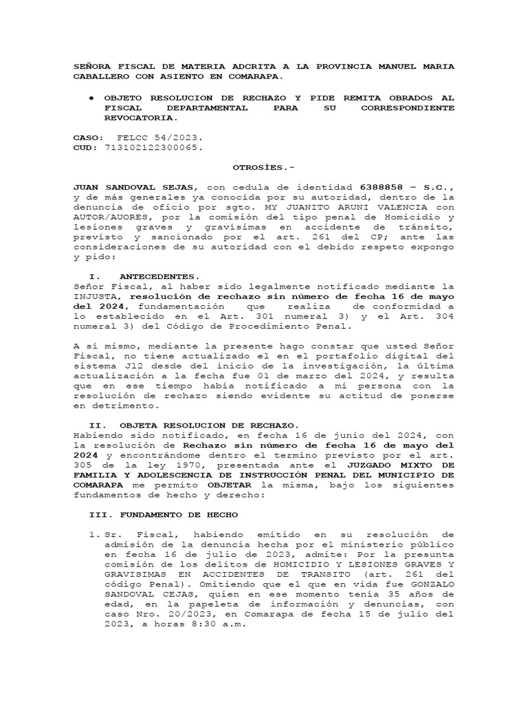 objecion a la rechazo de la denuncia Juan | PDF | Fiscal | Caso de ley
