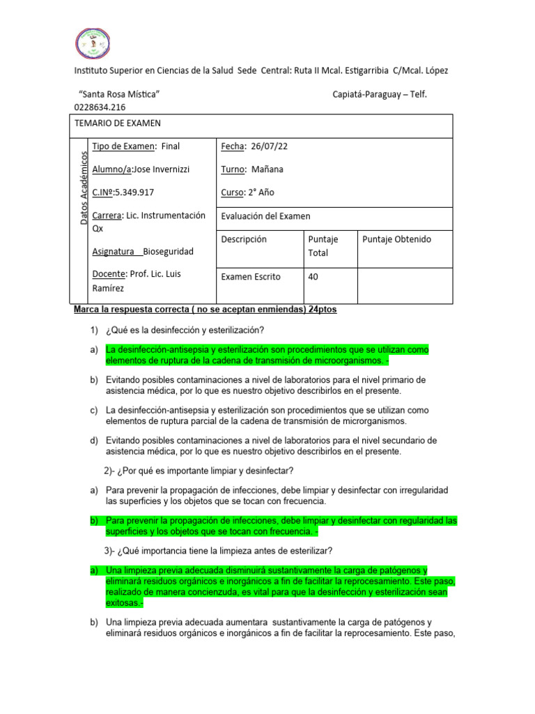 Examen Final de Bioseguridad | PDF | Esterilización (Microbiología ...