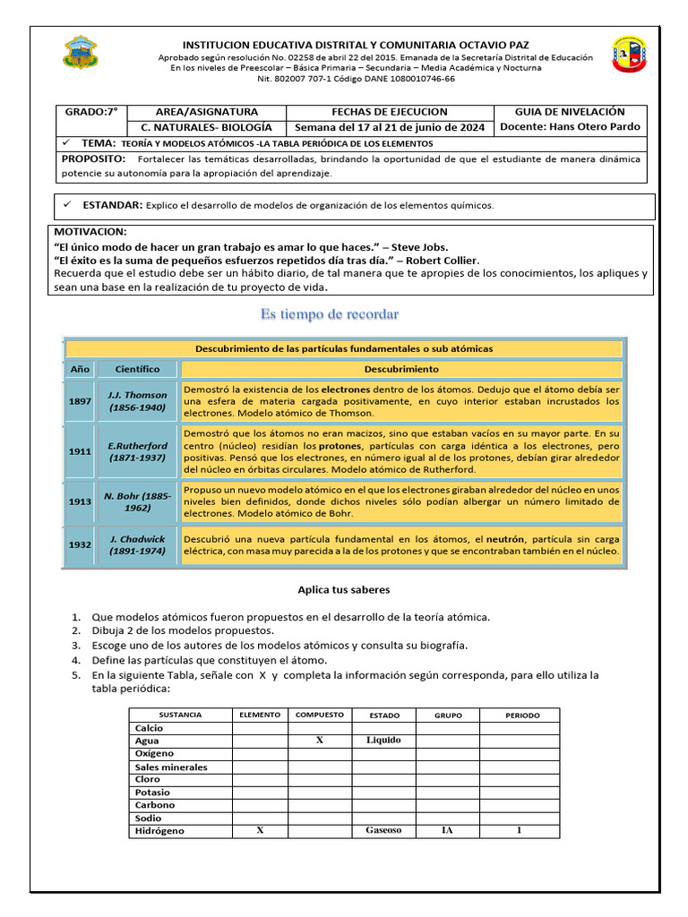Guia Septimo Grado 2P 2024 | PDF | Átomos | Núcleo atómico