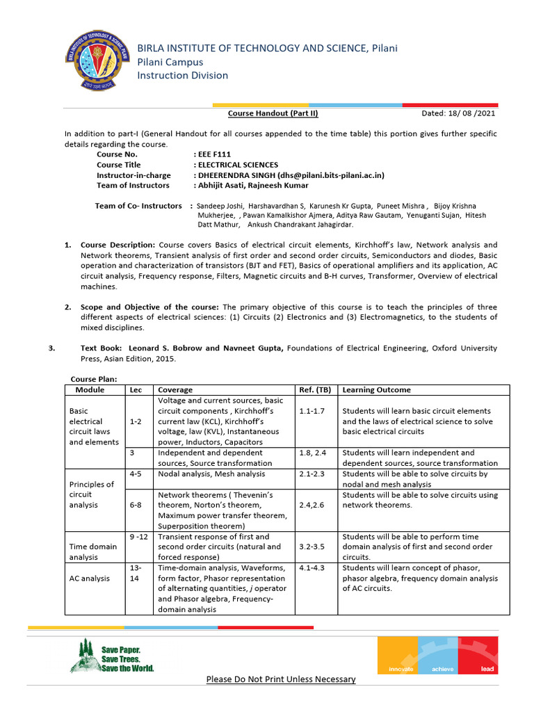 EEE F111 Course Overview and Details | PDF | Transistor | Electrical ...