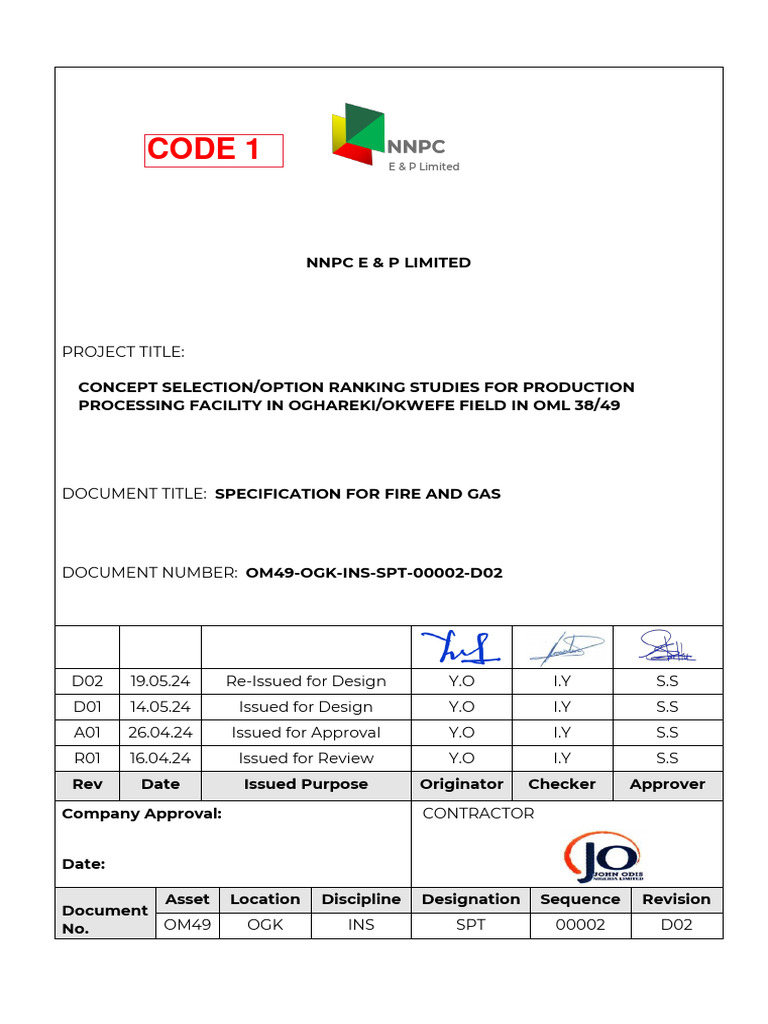 Specification for fire and gas system om49 ogk ins spt 00002 d02